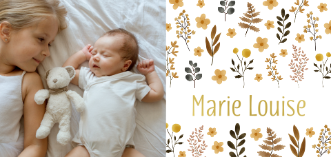 Faire-part de naissance avec nom en dorure, photo et branchages
