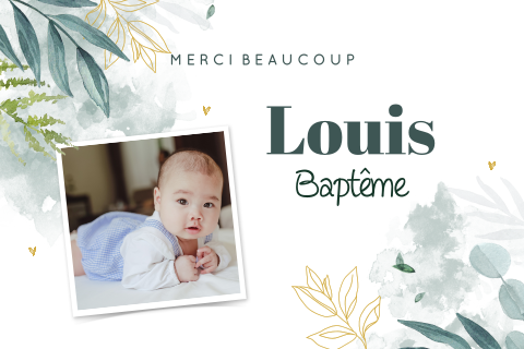 Carte de remerciement pour le baptême avec des feuillages en aquarelle