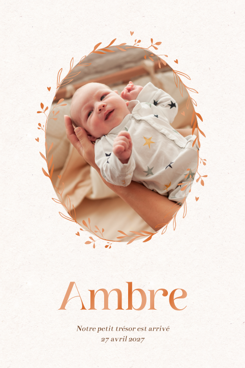Faire-part de naissance avec cadre et prénom en vernis orangé