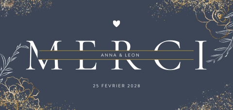 Carte de remerciement bleu foncé avec fleurs aspect doré et une photo