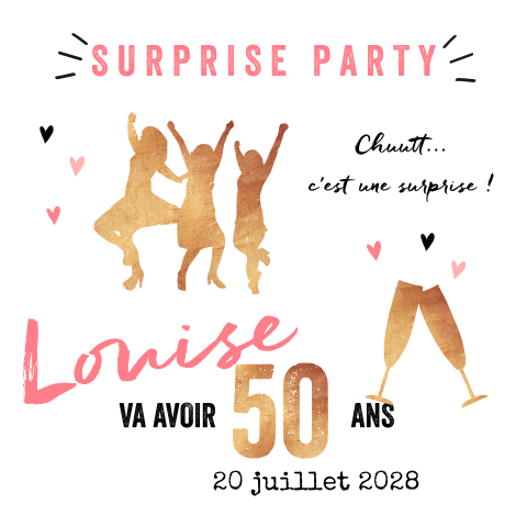 Carte d'invitation à un surprise party avec des accents dorés