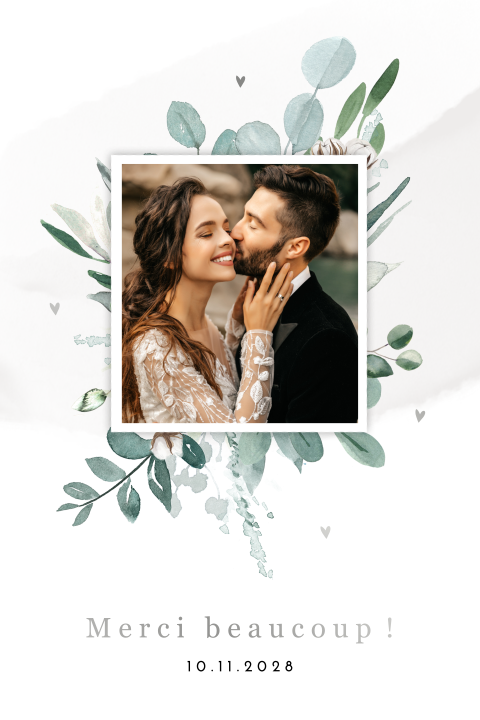 Carte de remerciement avec photo, feuilles d'aquarelle gris-vert