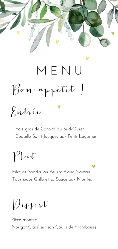 Menu avec des feuillages et des cœurs dorés