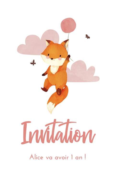 Carte d'invitation pour le 1er anniversaire avec un petit renard