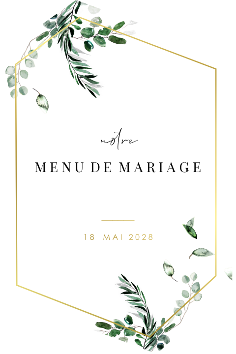 Menu au format original avec des détails dorés et des feuilles
