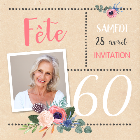 Carte d'invitation joyeuse avec une photo et des fleurs