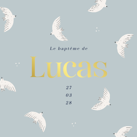 Faire-part de baptême avec des colombes blanches sur fond bleu gris