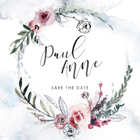 Save the date avec une couronne de fleurs dans un style aquarelle