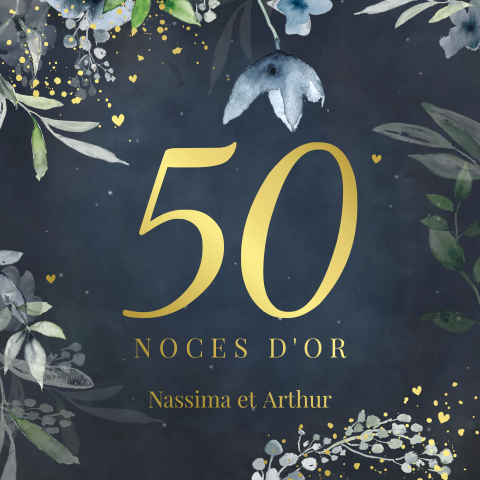 Invitation romantique pour noces d'or avec coeurs dorés et fleurs