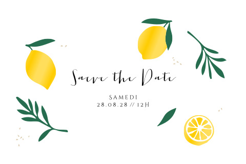 Save the date avec des feuilles et des citrons