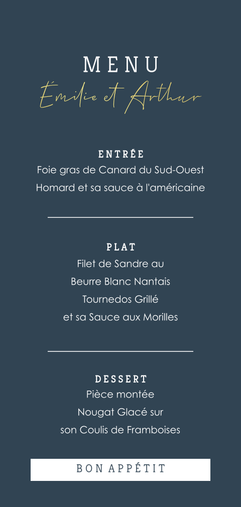 Carte de menu élégante en bleu et or