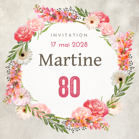 Carte d'invitation pour les 80 ans avec une couronne des fleurs rose