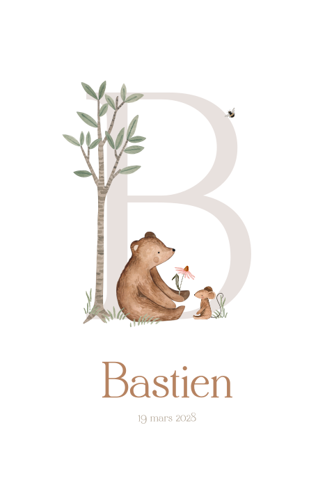 Faire-part de naissance avec initiale et ours et souris