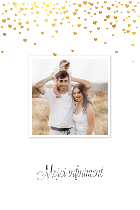 Carte de remerciement de baptême avec des cœurs dorés et photo