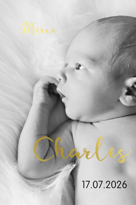 Carte de remerciement naissance avec photo et merci en dorure