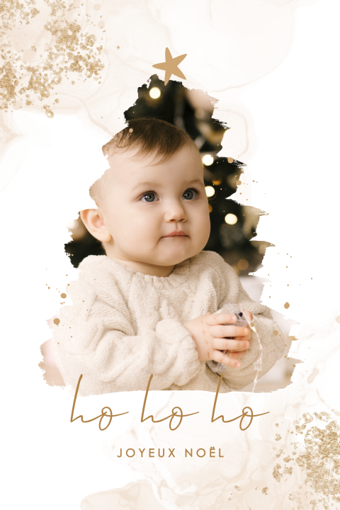 Carte de voeux avec une photo en forme de sapin et détails jaune-or