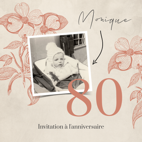 Carte d'invitation avec des fleurs vintage et une photo
