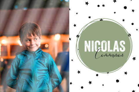 Faire-part de communion vert et moderne avec photo et étoiles