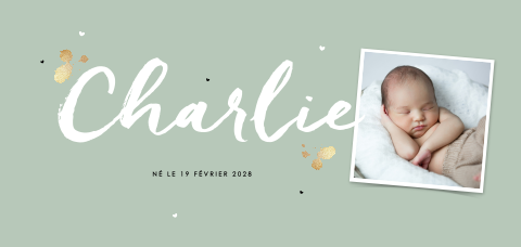 Faire-part de naissance avec photo et prénom sur fond vert menthe