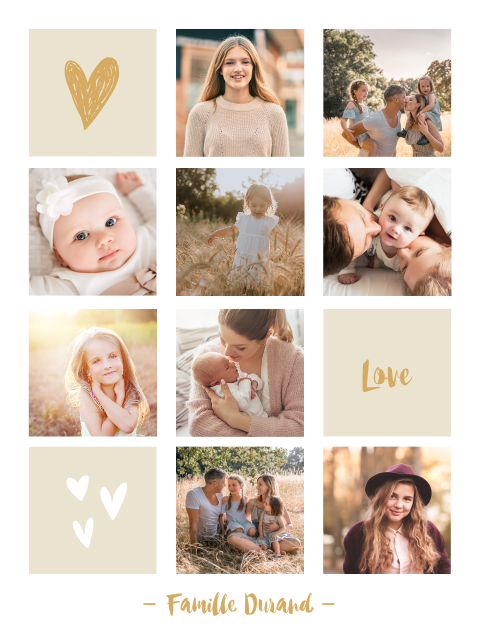 Affiche avec 9 photos de famille et cœurs