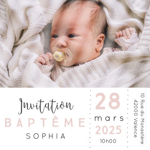 Faire-part de baptême carré avec photo et texte en rose