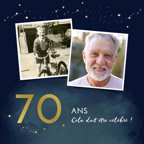 Carte d'invitation pour les 70 ans avec des photos et dorures