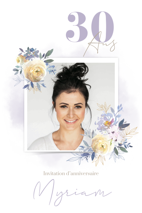 Invitation florale pour les 30 ans avec fleurs et touches lilas