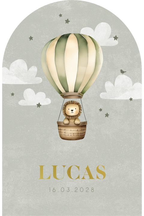 Joli faire-part de naissance avec lion dans montgolfière