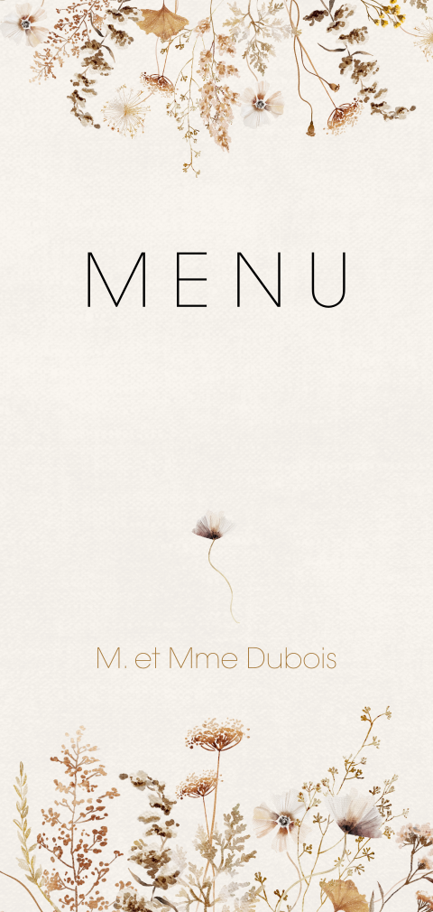 Carte de menu de mariage avec fleurs des champs beiges