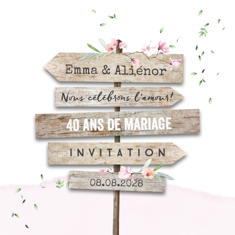 Invitation noces d'Emeraude avec fleurs roses
