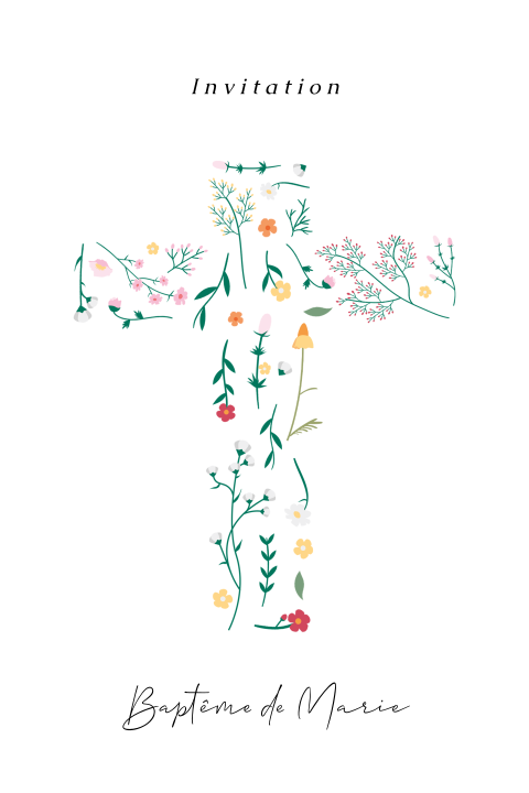 Faire-part de baptême avec une croix fleurie