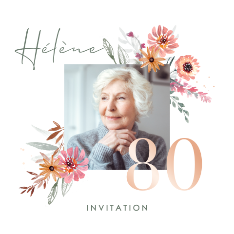 Invitation florale pour anniversaire avec le chiffre 80 en dorure rosée