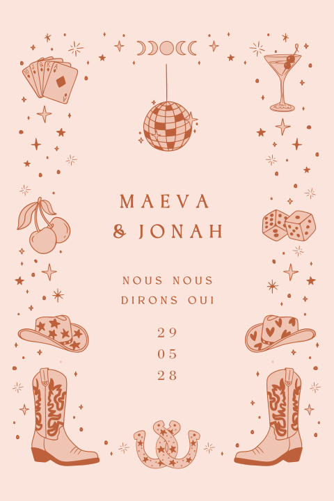 Faire-part de mariage au look western avec illustrations sur fond rose