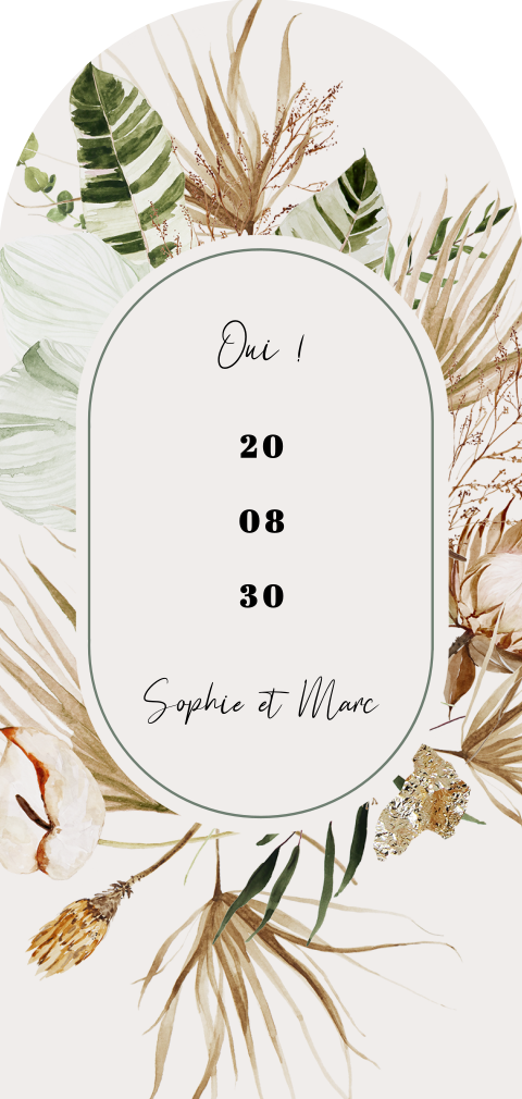 Faire-part mariage original, forme arche avec feuilles et fleurs
