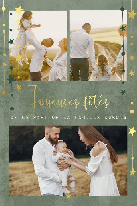 Carte de Noël avec fond vert, guirlandes étoiles et photos
