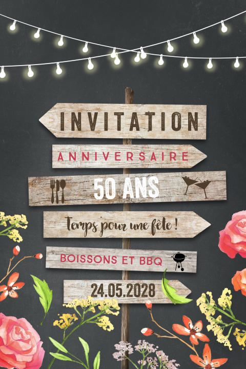 Carte d'invitation d'anniversaire avec des guirlandes lumineuses