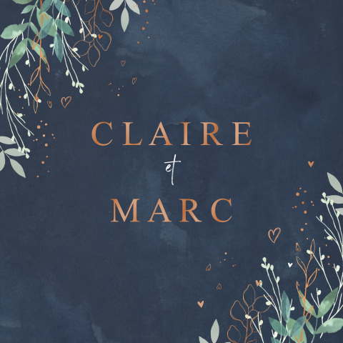 Faire-part de mariage bleu foncé et nom des mariés en vernis