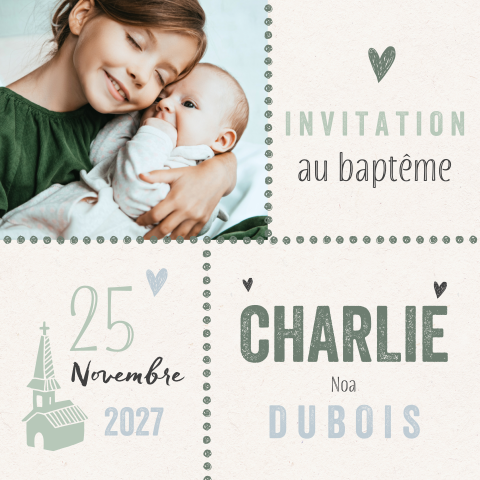 Faire-part de baptême en vert et bleu avec illustration église
