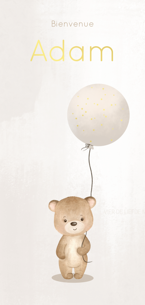 Faire-part de naissance avec petit ours et ballon avec étoiles dorées