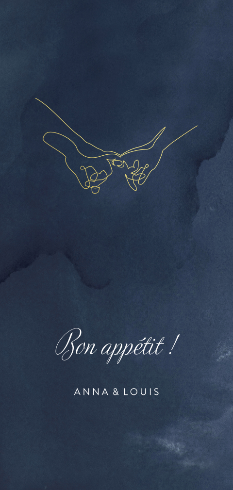 Menu sur fond bleu foncé avec une esquisse dorée