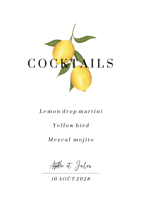 Carte de cocktails sur le thème agrume avec des coins arrondis