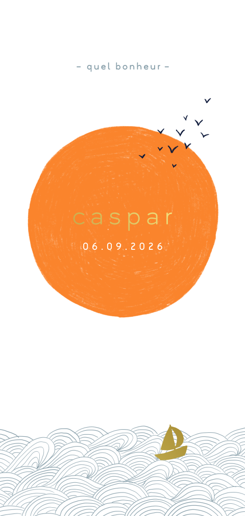 Faire-part de naissance avec voilier en dorure et soleil