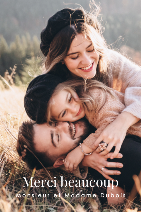 Carte de remerciement avec aspect kraft, photo et fleurs