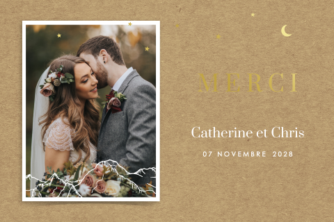 Carte de remerciement avec lune et étoiles dorées et aspect kraft