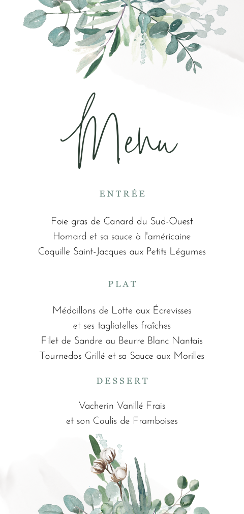 Menu avec des fleurs et des feuilles d'aquarelle gris-vert