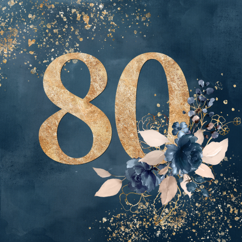 Carte d'invitation pour le 80e anniversaire avec des accents dorés
