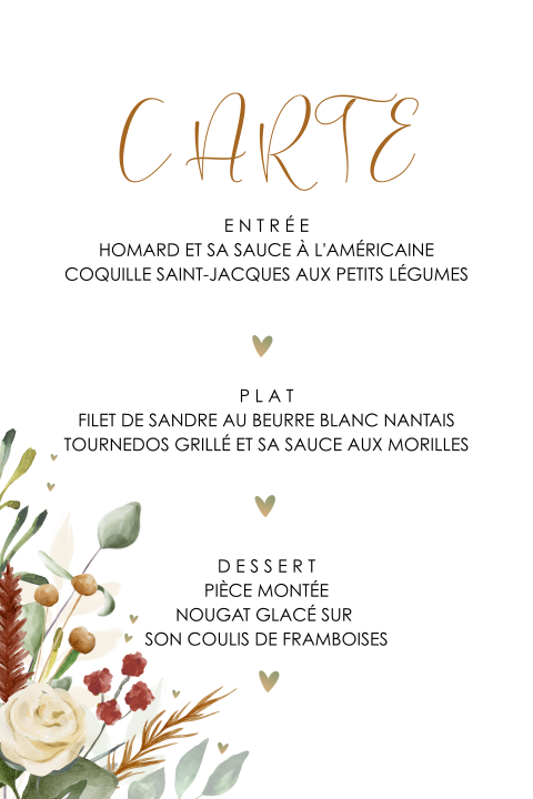 Menu avec un bouquet de fleurs rouges romantiques