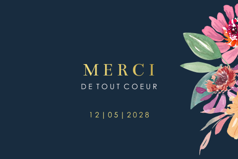 Carte de remerciement avec fleurs colorées sur fond bleu foncé