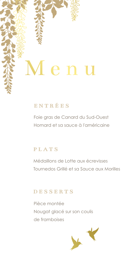 Menu avec fleurs tombantes et oiseaux en dorure