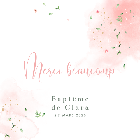 Carte de remerciement pour le baptême en aquarelle et feuillages